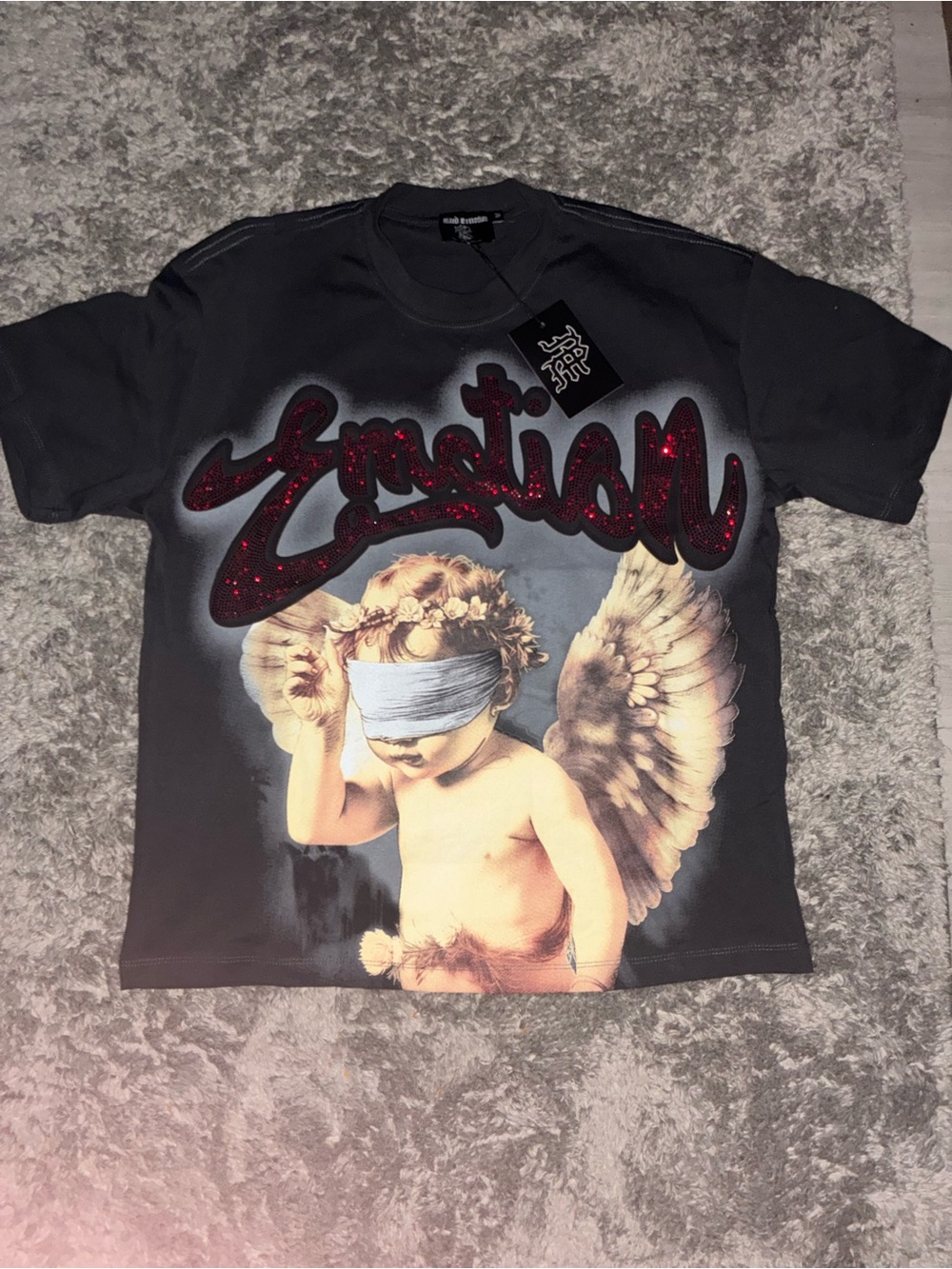 Black 'Emotion' Graphic Tee with Angel Print